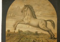 Cavallo Rampante, cm. 70x70, Grafite, biacca e acquarello su carta incollata su tavola, incollata su tavola.