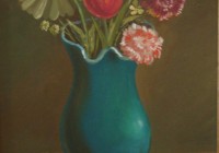 Fiori con vaso turchese, cm. 20x30, olio su tavola