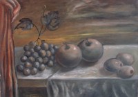 Monocromo con uva mele e susine, cm. 20x30, olio su tavola