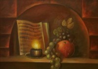 Oggetti a lume di candela, cm.20x30, olio tavola. 