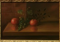 Piccola veduta con mele ed uva, cm. 25x40, olio su tavola