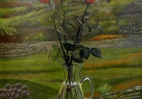 Rose rosse e brocca in vetro, cm. 50x90, olio su tavola