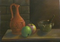 Veduta con brocca, mele e mortaio, cm. 30x40, olio su tela