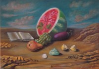 Veduta con libro e cocomero, cm 50x70, olio su tela