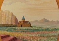 Ovale con castello, cm. 50x70, acrilico su tavola